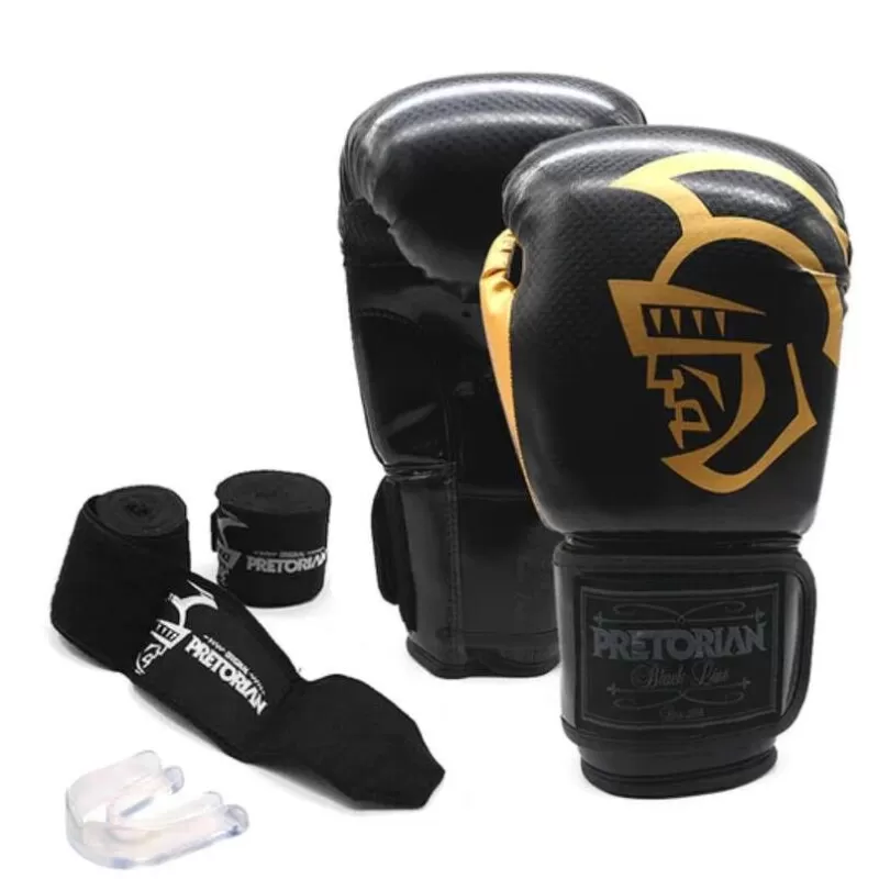 KIT BOXE/MUAY THAI PRETORIAN BLACK LINE - Preto e dourado