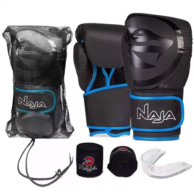 KIT NAJA LIVA BOXE BLACK + BANDAGEM + BUCAL + BAG - Preto e azul