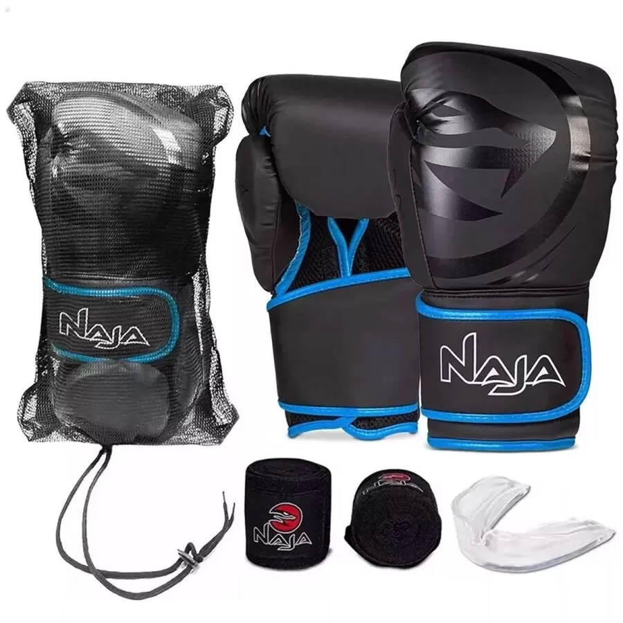 KIT NAJA LIVA BOXE BLACK + BANDAGEM + BUCAL + BAG  Preto e azul