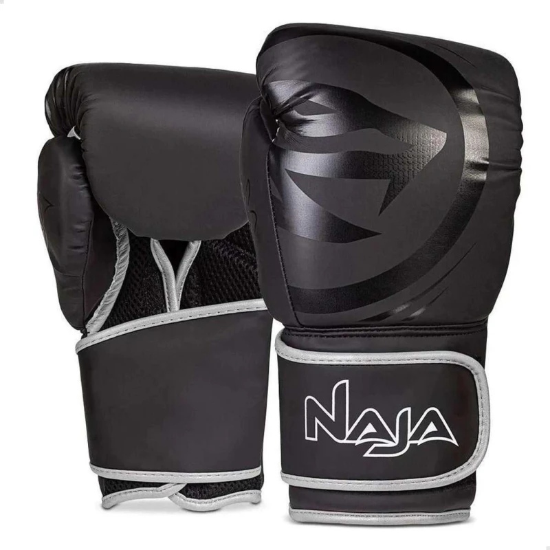 KIT NAJA LUVA BOXE BLACK + BANDAGEM + PROTETOR BUCAL + BAG - Preto e prata