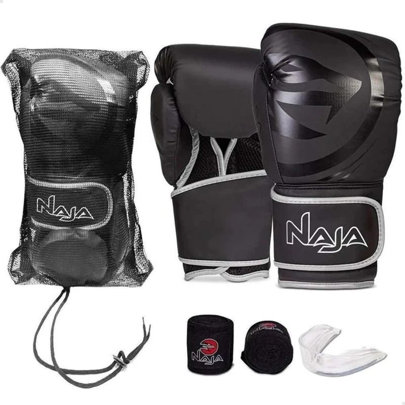 KIT NAJA LUVA BOXE BLACK + BANDAGEM + PROTETOR BUCAL + BAG - Preto e prata