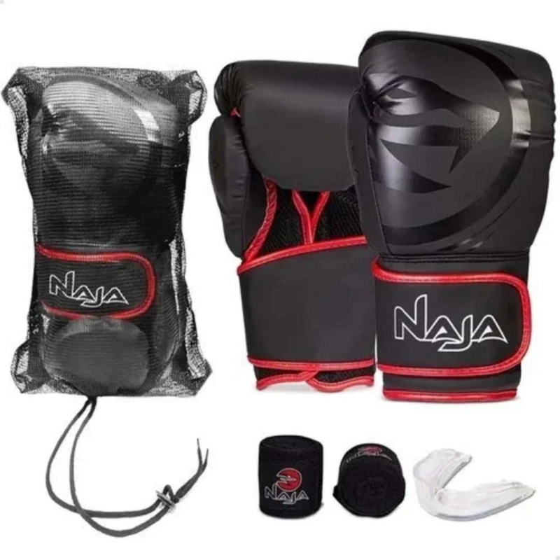 KIT NAJA LUVA BOXE BLACK + BANDAGEM + PROTETOR BUCAL + BAG - Preto e vermelho