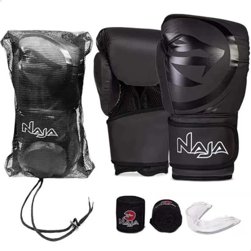 KIT NAJA LUVA BOXE BLACK + BANGAGEM + BUCAL + BAG - Preto