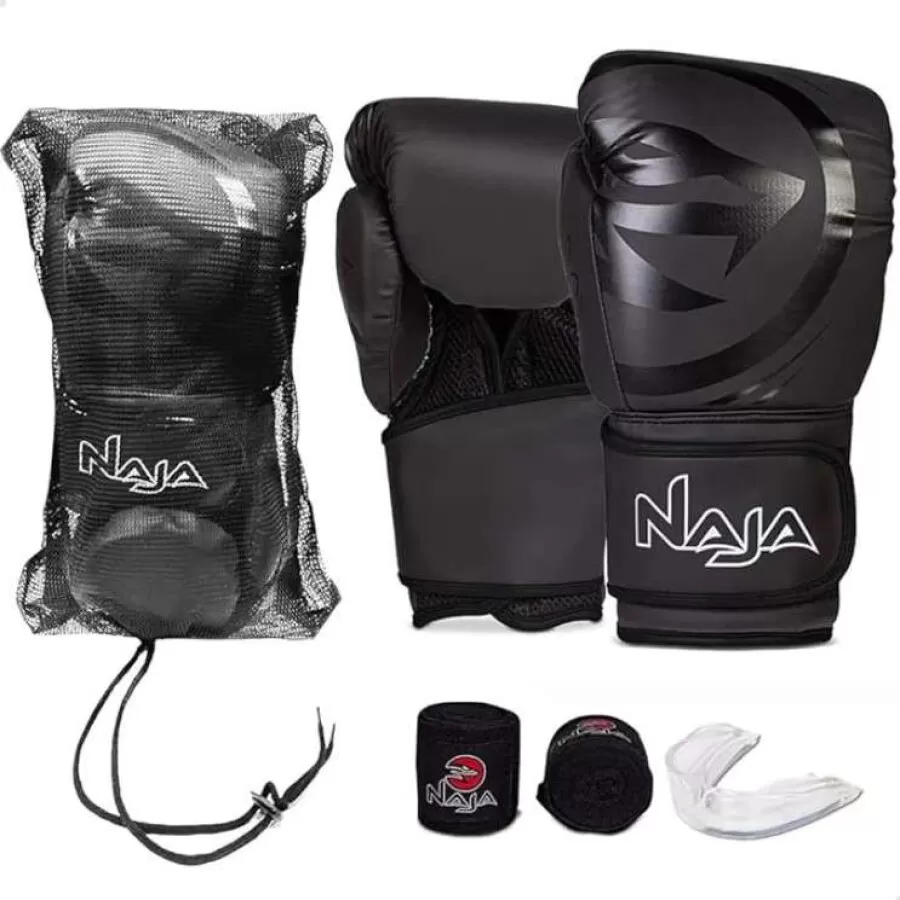 KIT NAJA LUVA BOXE BLACK + BANGAGEM + BUCAL + BAG  Preto