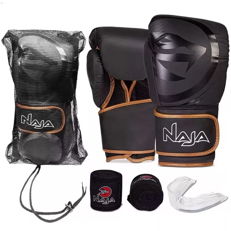 KIT NAJA LUVA BOXE BLACK + BANGAGEM + BUCAL + BAG - Preto e bronze