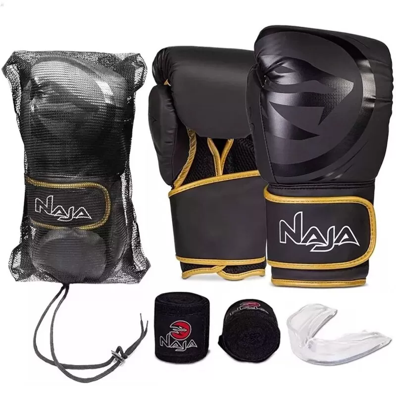 KIT NAJA LUVA BOXE BLACK + BANGAGEM + BUCAL + BAG - Preto e dourado